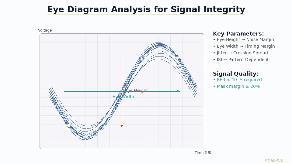 Learn to interpret eye diagrams for high-speed PCB signal integrity — understand eye height, eye width, jitter components, inter-symbol interference (ISI), and how PCB design choices affect 10-56 Gbps channel performance.