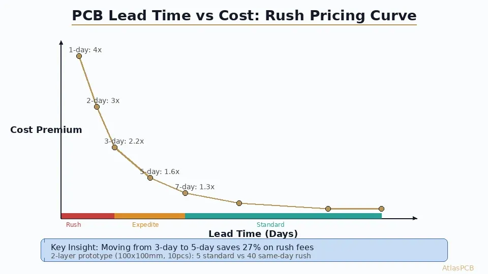 PCB rush pricing cost curve showing lead time vs cost multipliers