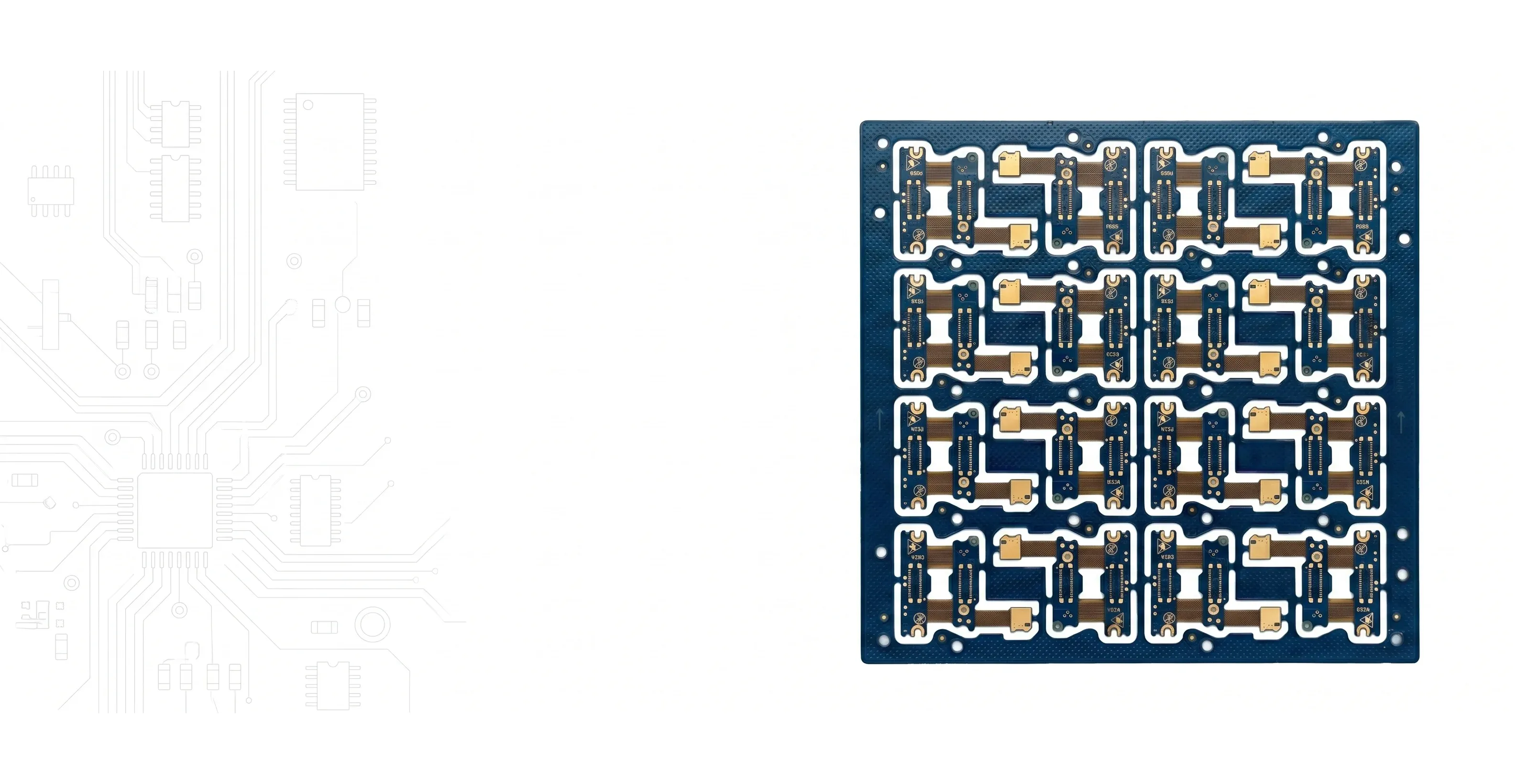 Panelized array of multilayer rigid-flex PCBs with gold flex-ribbon interconnects