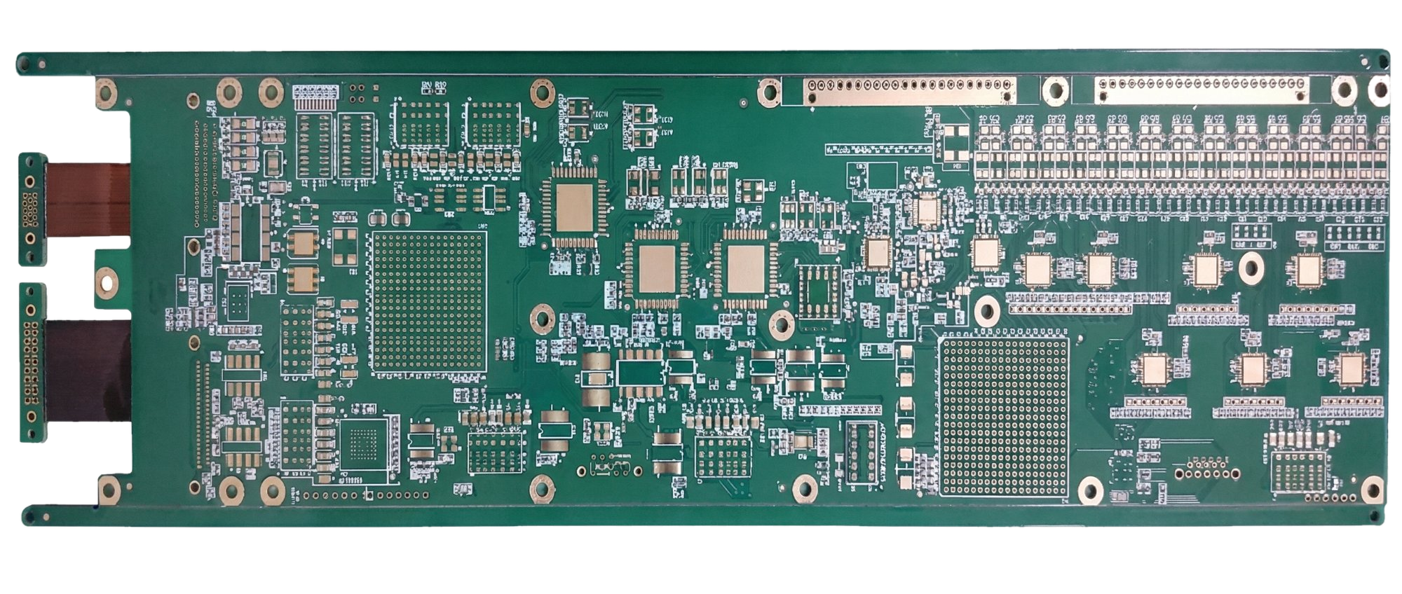 Multilayer rigid-flex PCB with two integrated polyimide flex ribbons extending from the rigid section