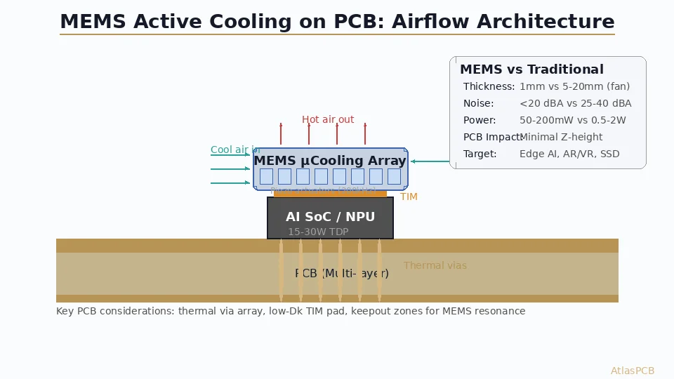MEMS active cooling architecture on PCB for edge AI chip
