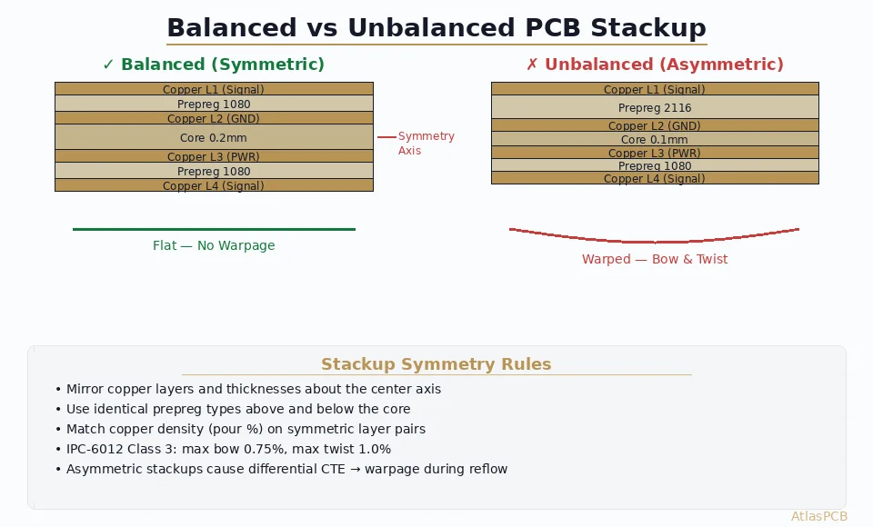 Balanced vs unbalanced PCB stackup symmetry diagram