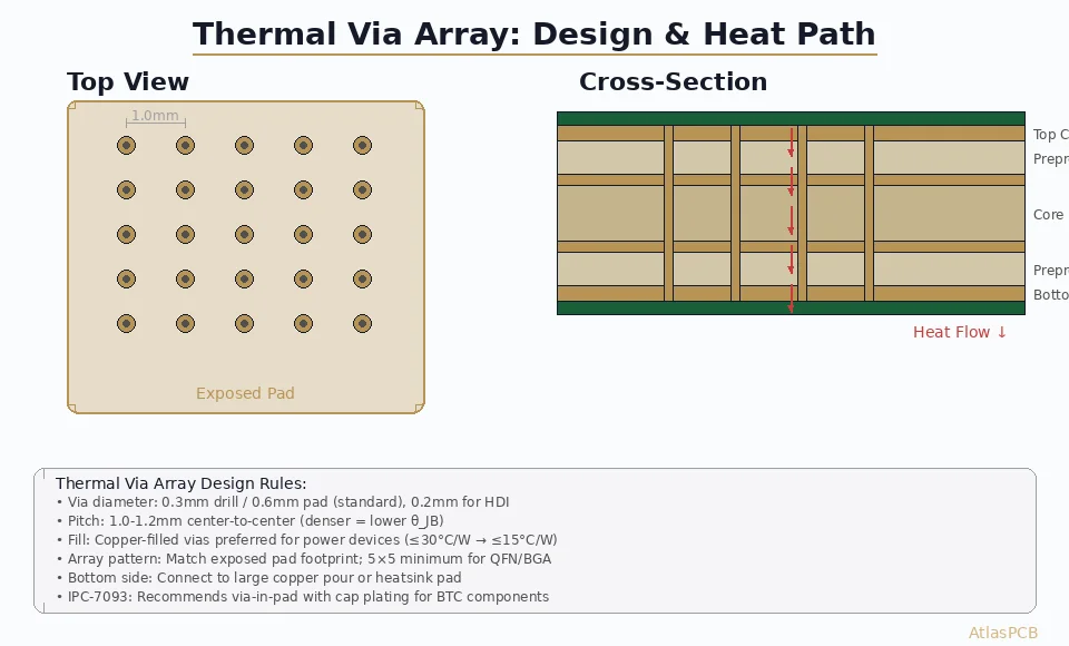 PCB thermal via array design showing top view grid pattern and cross-section heat path through copper-filled vias