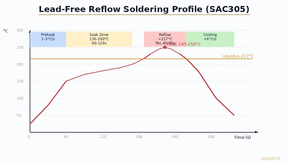 Lead-free SAC305 reflow soldering profile with preheat, soak, reflow, and cooling zones labeled